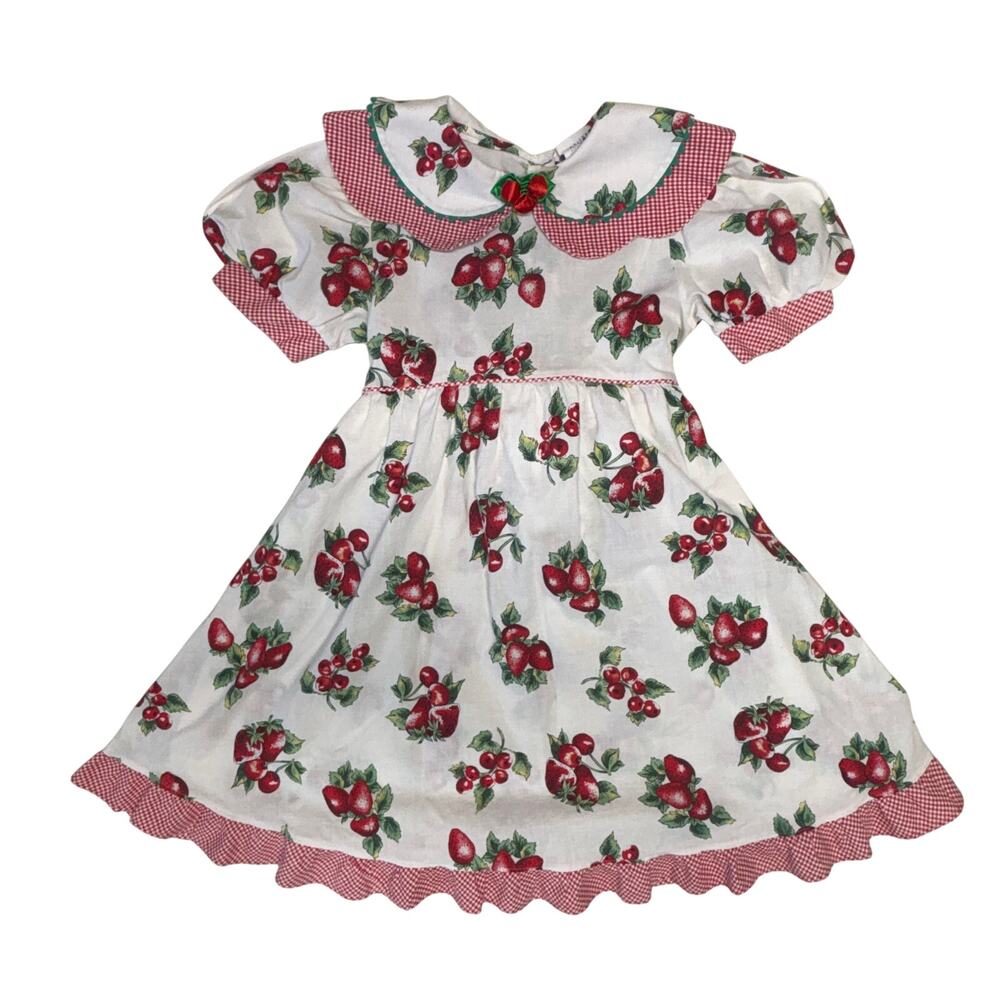 Vintage Thomas Dress Girls 6 White Red Strawberry Cherry Peter Pan Collar USA